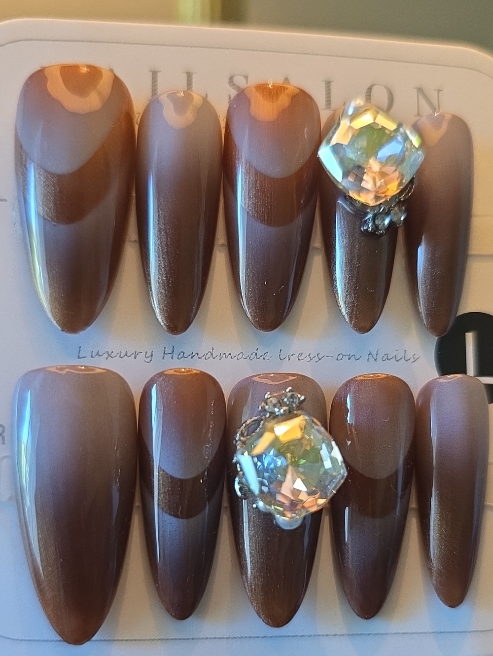 Handmade Brown Ombre Press-On Nails with Crystal Accent by Size Large